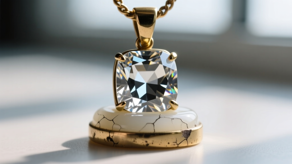 Macro photography of a cubic zirconia stone popping out of a degraded epoxy glue setting on a cheap brass replica pendant