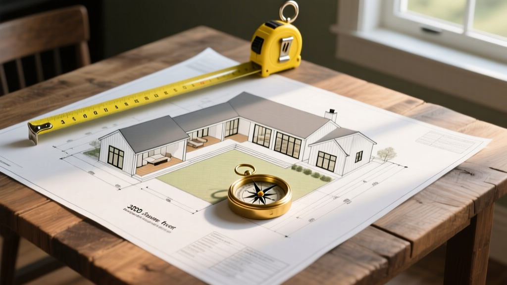 Architectural blueprints for a 3000 square foot modern farmhouse on a wooden table with a yellow tape measure and brass compass