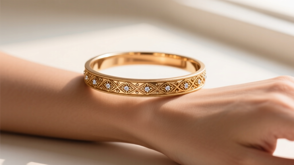 Close-up of a contemporary 18k rose gold Indian fusion bangle featuring matte finish and small uncut Polki diamonds on a wrist