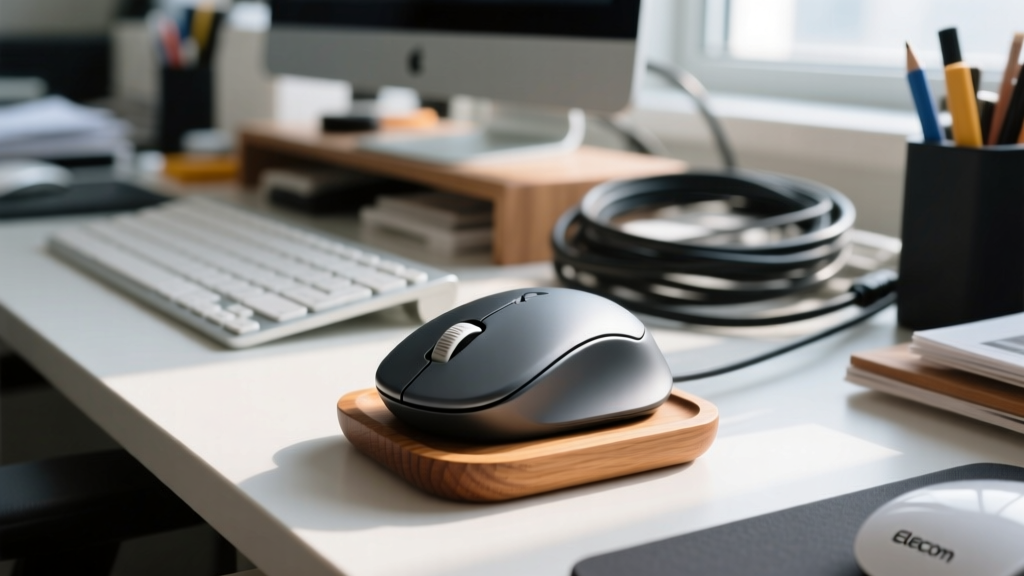 Close-up of an Elecom trackball mouse on a tiny wooden coaster, showing the zero-sweep space-saving design on a crowded desk.