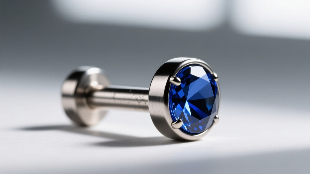 Macro shot of a 16-gauge titanium threadless push-pin labret with a sapphire end, highlighting the seamless joint mechanism