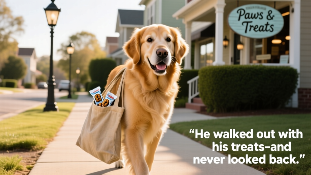 A smiling Golden Retriever walking confidently down a sunlit sidewalk, carrying a small reusable tote bag with visible dog treats peeking out