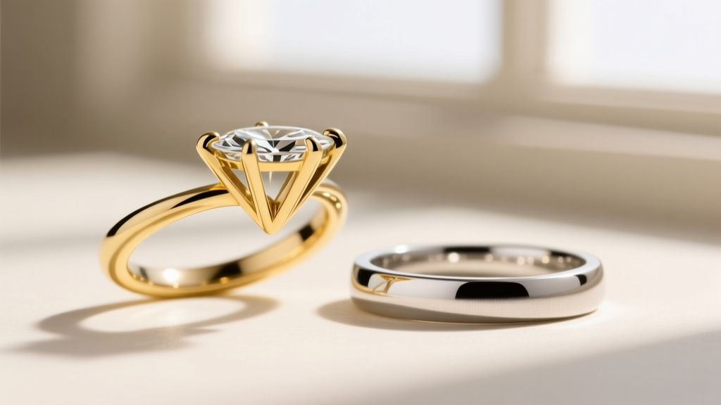 Close-up comparing a 14k white gold martini setting and a platinum bezel setting, highlighting prong thickness and metal finish