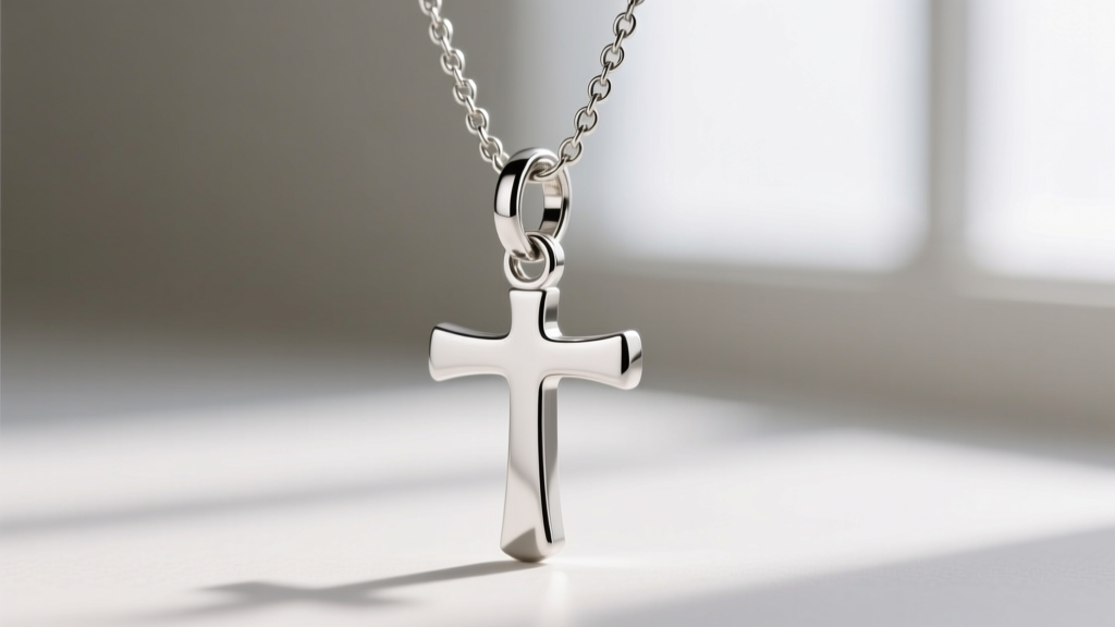 Macro photography of a jewelry spring ring clasp on a plain cross necklace, showing the tiny lever mechanism and chain jump ring.