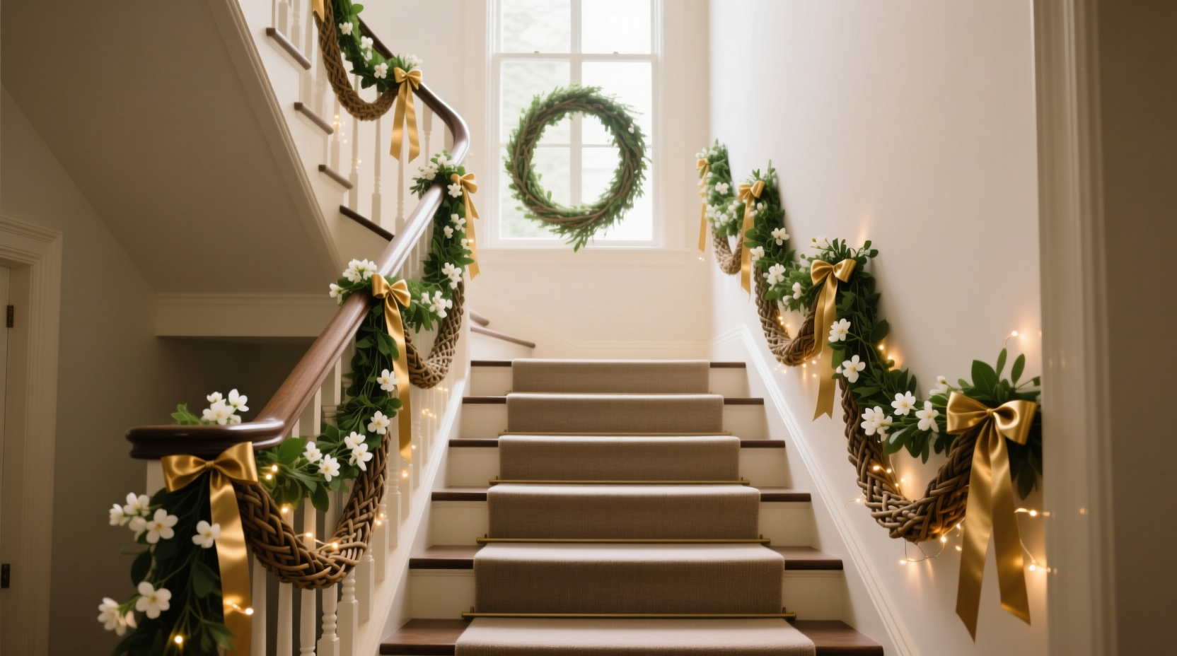how to layer multiple garlands on a staircase with balanced spacing