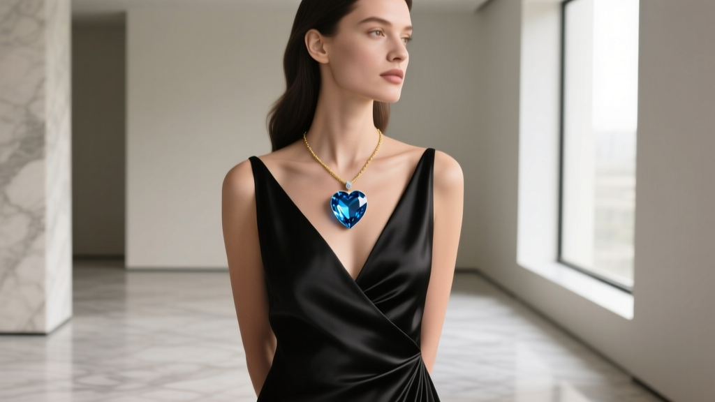 Woman wearing a 16-inch blue topaz heart pendant layered with a thin gold chain, paired with a deep V-neck silk evening gown.