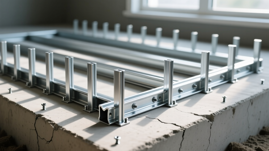 Galvanized light gauge steel C-studs and tracks assembled with self-drilling screws on a residential concrete slab foundation