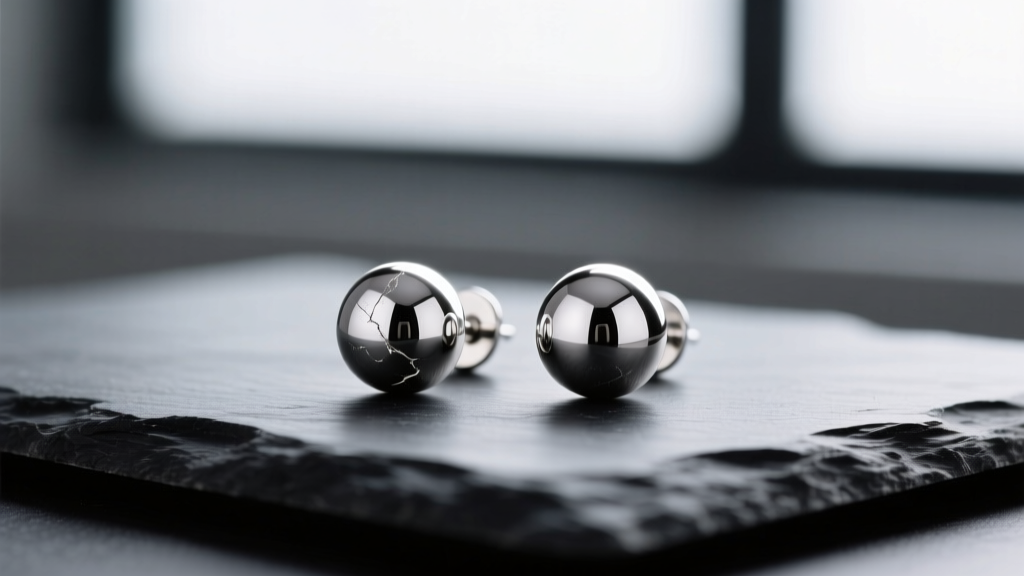 Macro photography of polished 925 sterling silver ball stud earrings resting on a dark slate surface with soft directional lighting