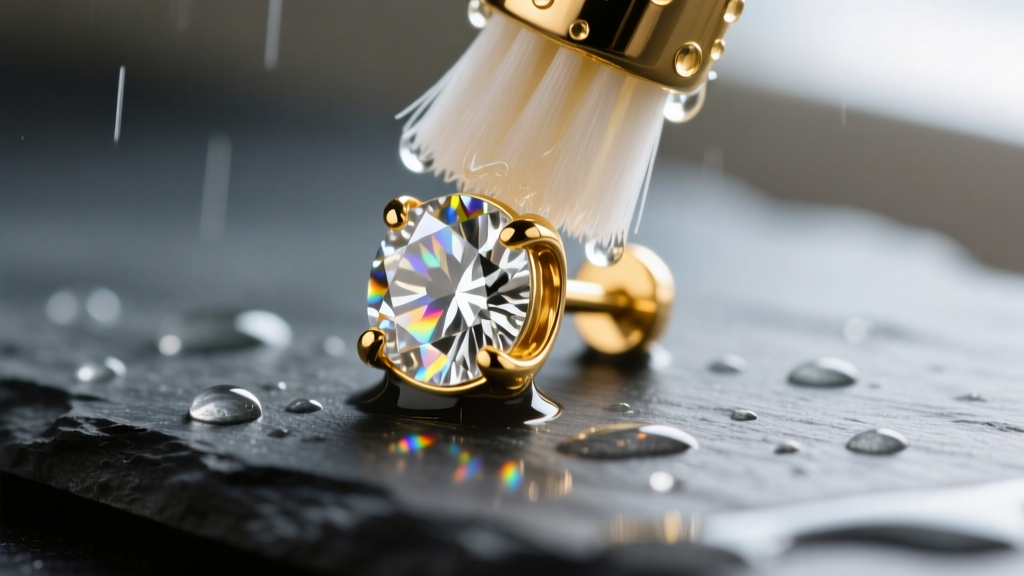 Macro shot of a 14k gold diamond stud earring gently brushed with a soft toothbrush and soapy water on a dark slate surface.