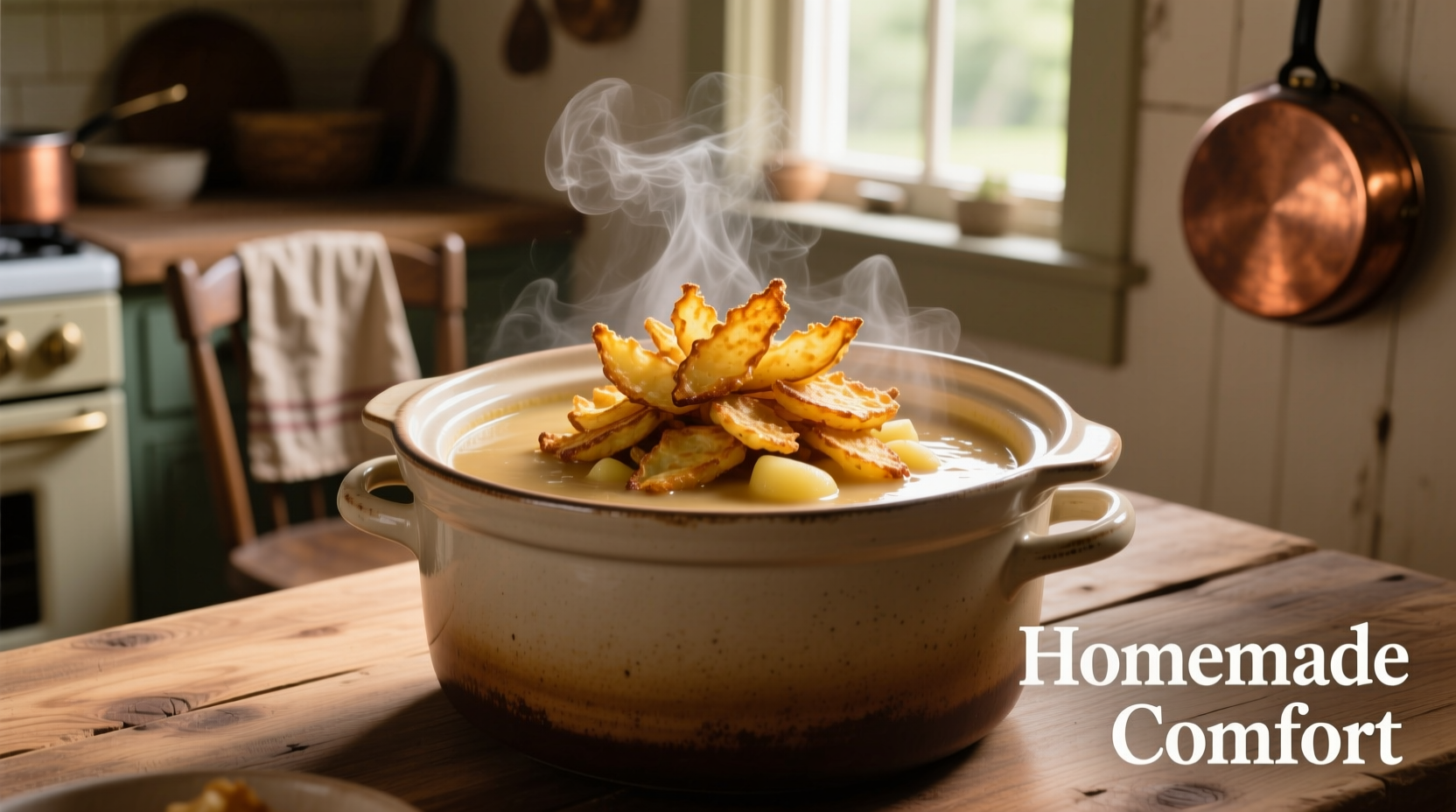 Crock pot filled with creamy potato soup and crispy hash browns