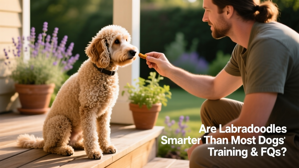 A well-groomed, attentive Labradoodle sitting calmly beside its owner during a training session