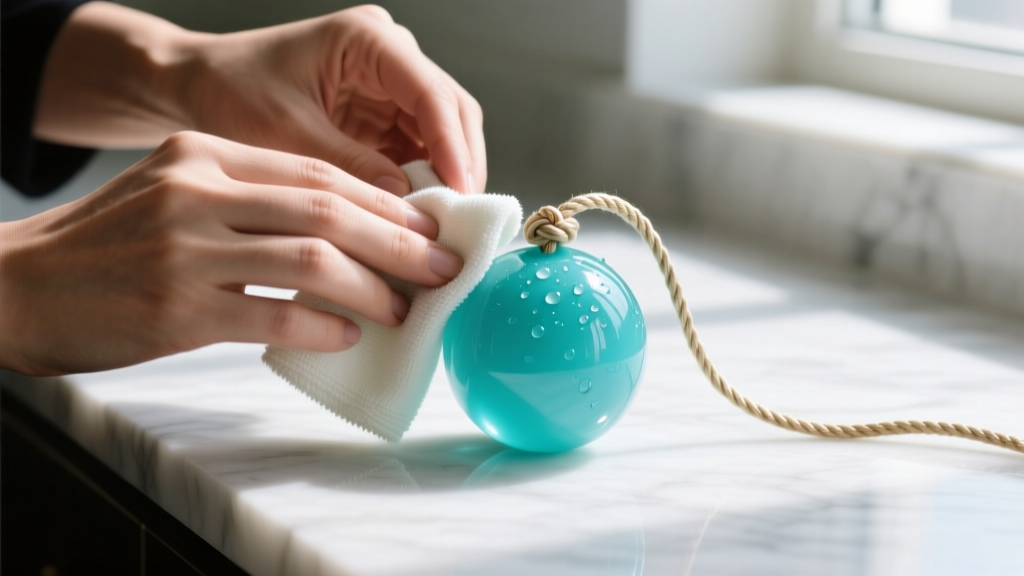 Hands wiping a large turquoise bead with a damp microfiber cloth, avoiding the knotted silk string on a white marble surface