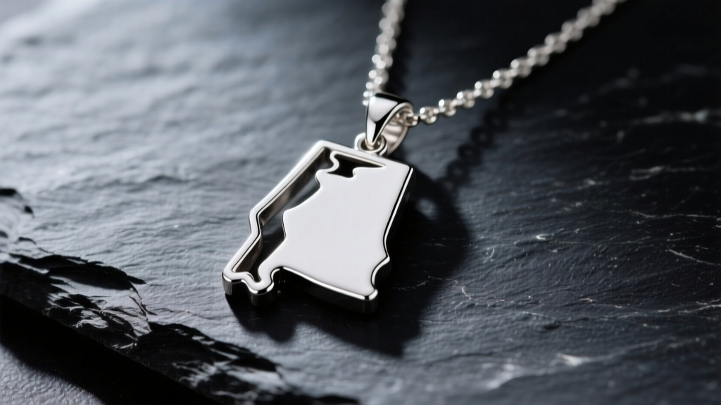 Macro photo of a sterling silver Alabama state-shaped necklace pendant resting on dark slate, softly illuminated.