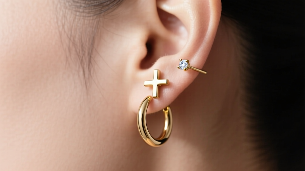 Side profile of an ear stack featuring a gold cross stud in the upper lobe, paired with a seamless hoop and tiny bezel diamond.