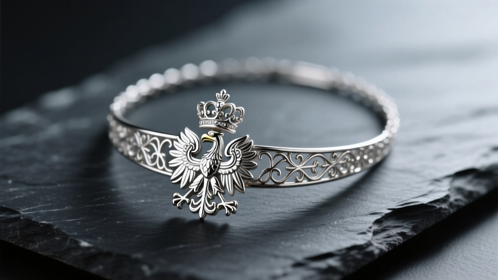 Sterling silver Polish eagle necklace on dark slate, soft lighting highlighting the intricate crown and shield motifs.