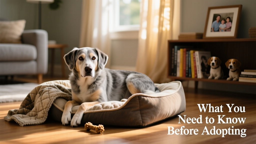 A calm, gentle senior dog resting beside a cozy dog bed in a sunlit living room