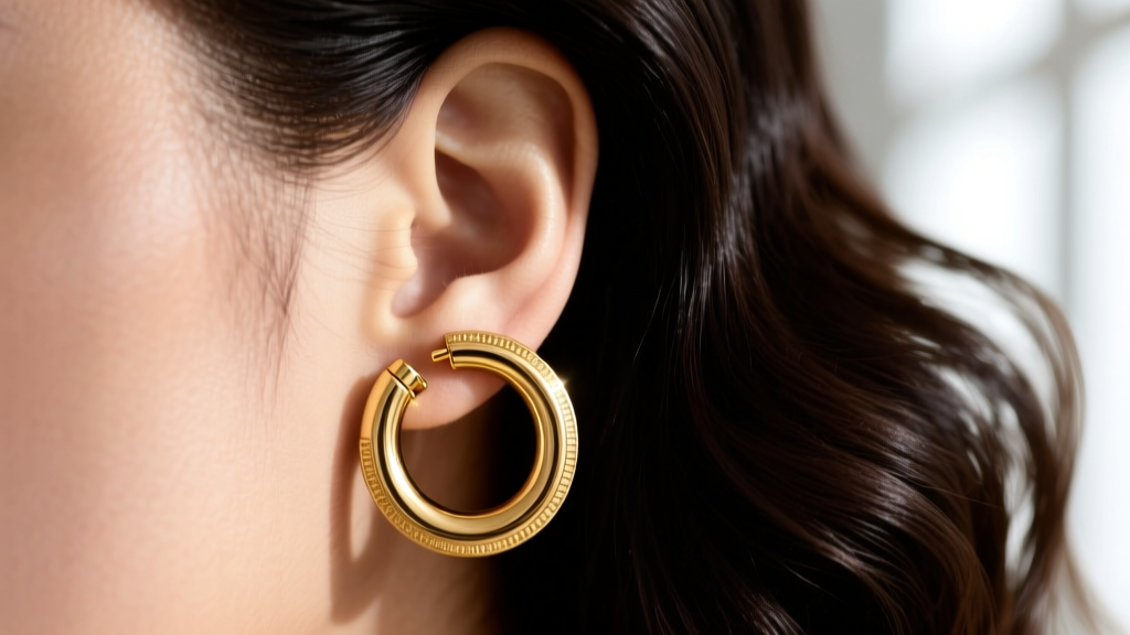 Macro shot of a seamless 18k gold huggie hoop with a hidden clasp on the earlobe, surrounded by flowing dark wavy hair