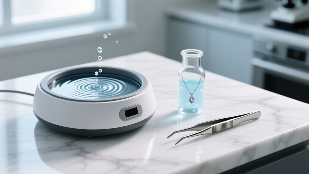 Ultrasonic jewelry cleaner vibrating on a marble counter next to a small glass of sterile saline solution and steel tweezers