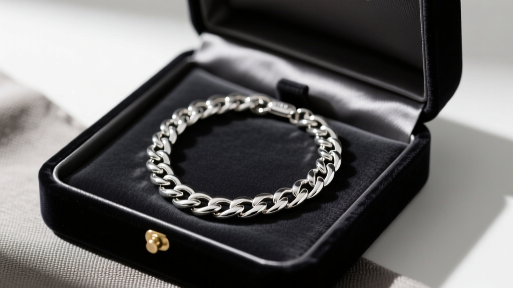 Elegant velvet gift box opened to reveal a thick 925 sterling silver Cuban link necklace resting on dark charcoal satin