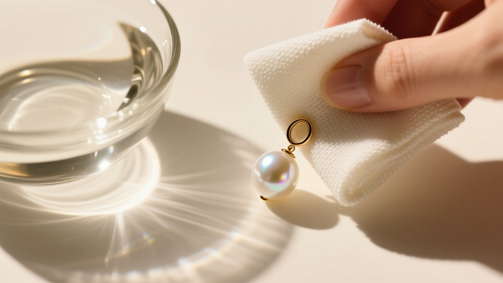 Overhead view of a microfiber cloth wiping a white Akoya pearl drop earring next to a bowl of distilled water in warm lighting.