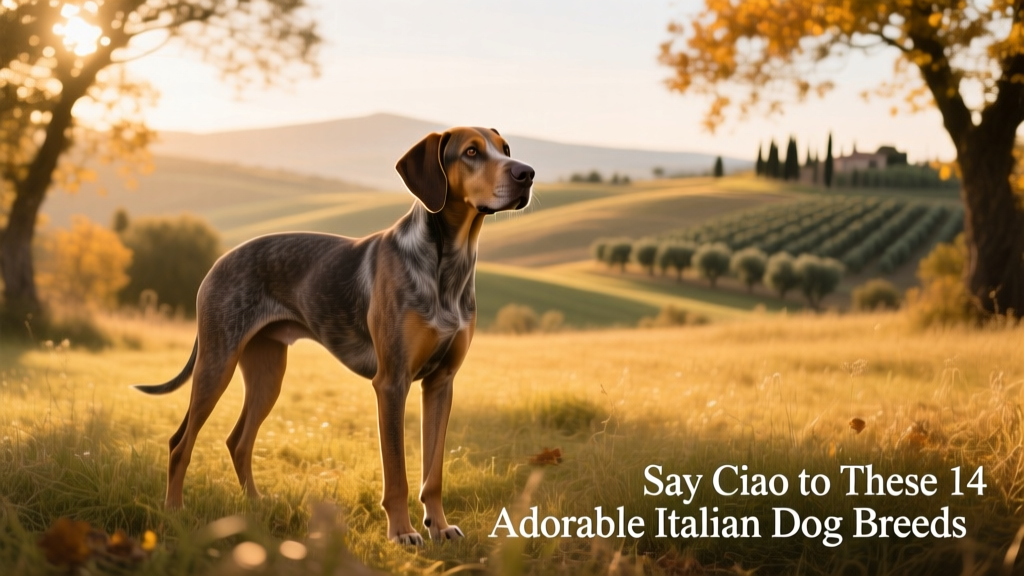 A Bracco Italiano standing alert in a sun-dappled field, ears perked and nose pointed forward as it scents the air