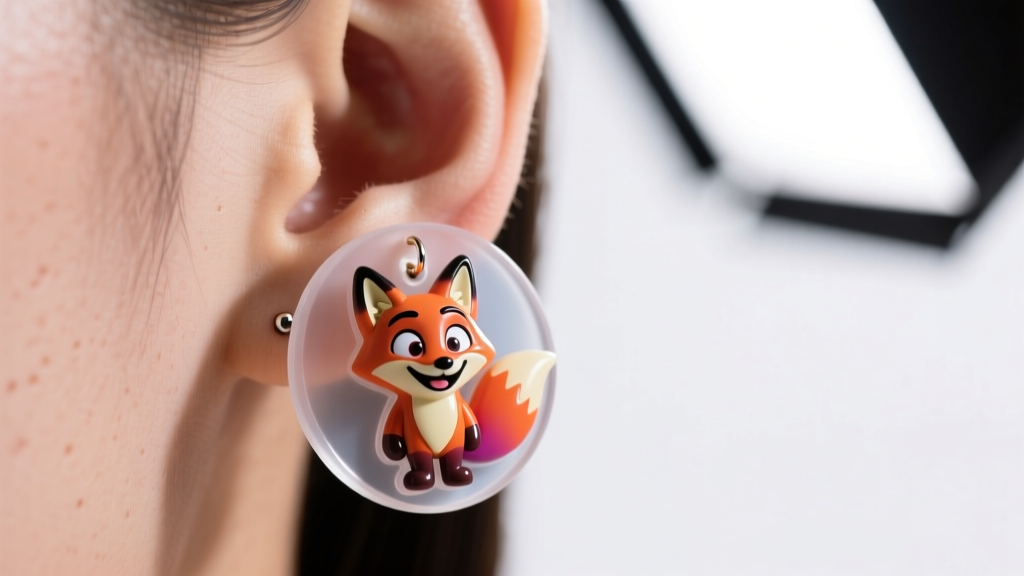 Close-up of clear silicone earring support pad holding a heavy novelty character earring on a pierced earlobe in studio lighting.