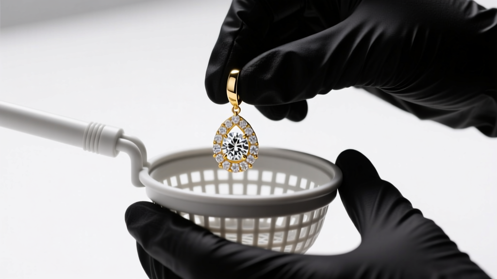 Jeweler in black gloves holding an ultrasonic cleaner basket to inspect an 18k gold diamond drop earring under bright LED light.