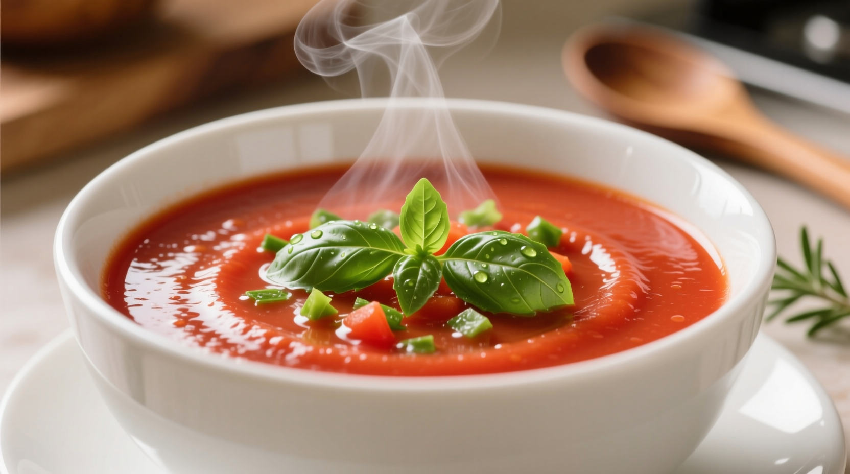 Fresh tomato vegetable soup in white bowl with basil garnish