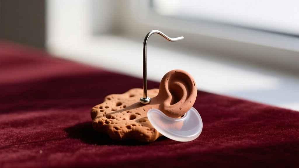 Macro shot of a clay cookie earring on velvet, displaying a bent steel post beside a clear silicone earlobe support patch.