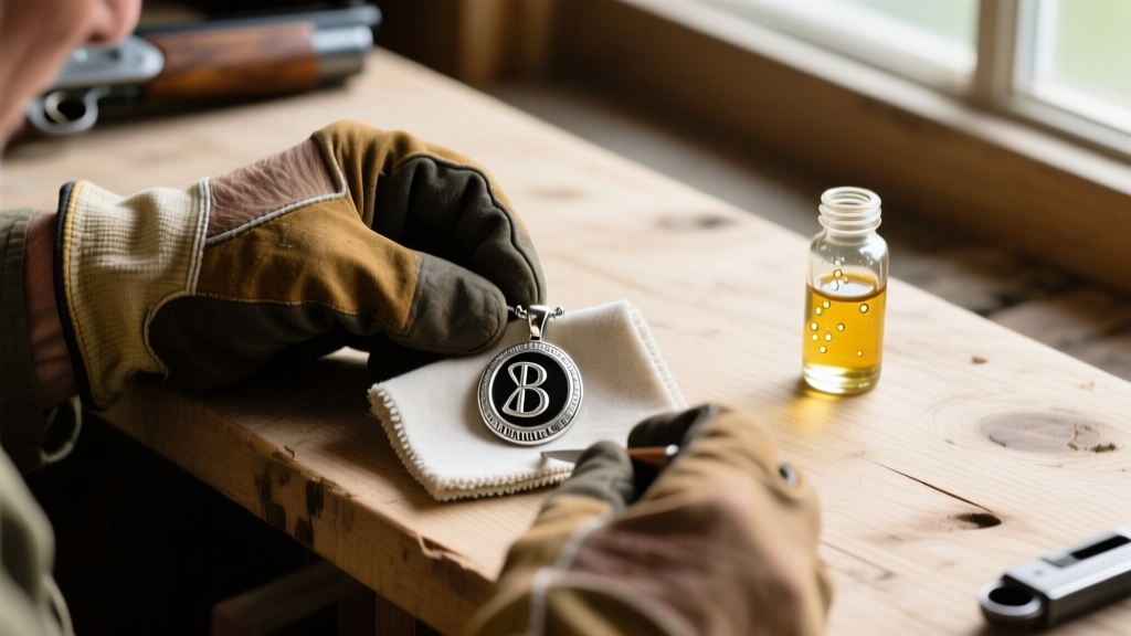 A hunter cleaning a sterling silver Browning logo pendant with a microfiber cloth on a wooden workbench next to gun oil