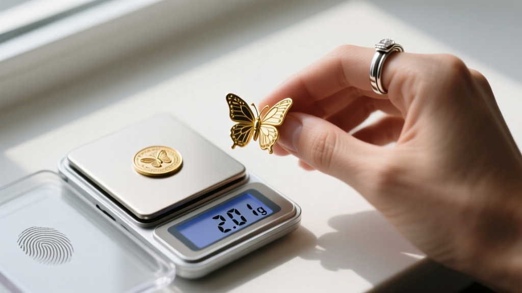 Digital milligram scale showing 2.01g next to a stamped 14k gold butterfly earring back and a jeweler's loupe on a wooden desk