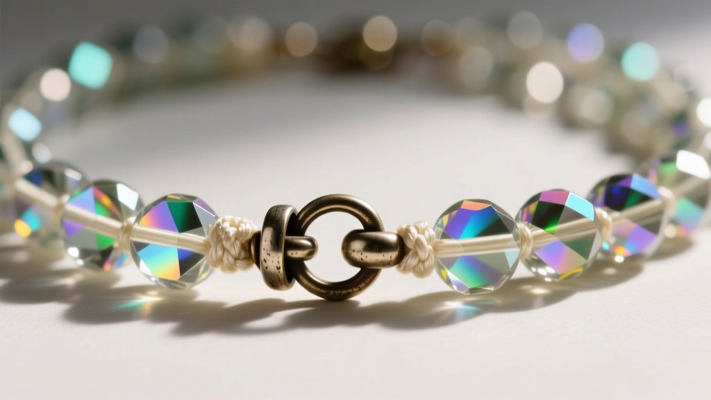 Detail of a 1950s vintage crystal bead necklace showing a barrel clasp and knotted silk thread between aurora borealis beads.