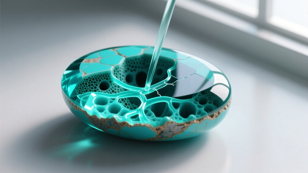 Cross-section diagram illustration showing the polymer resin penetration into a porous natural turquoise cabochon for stabilization