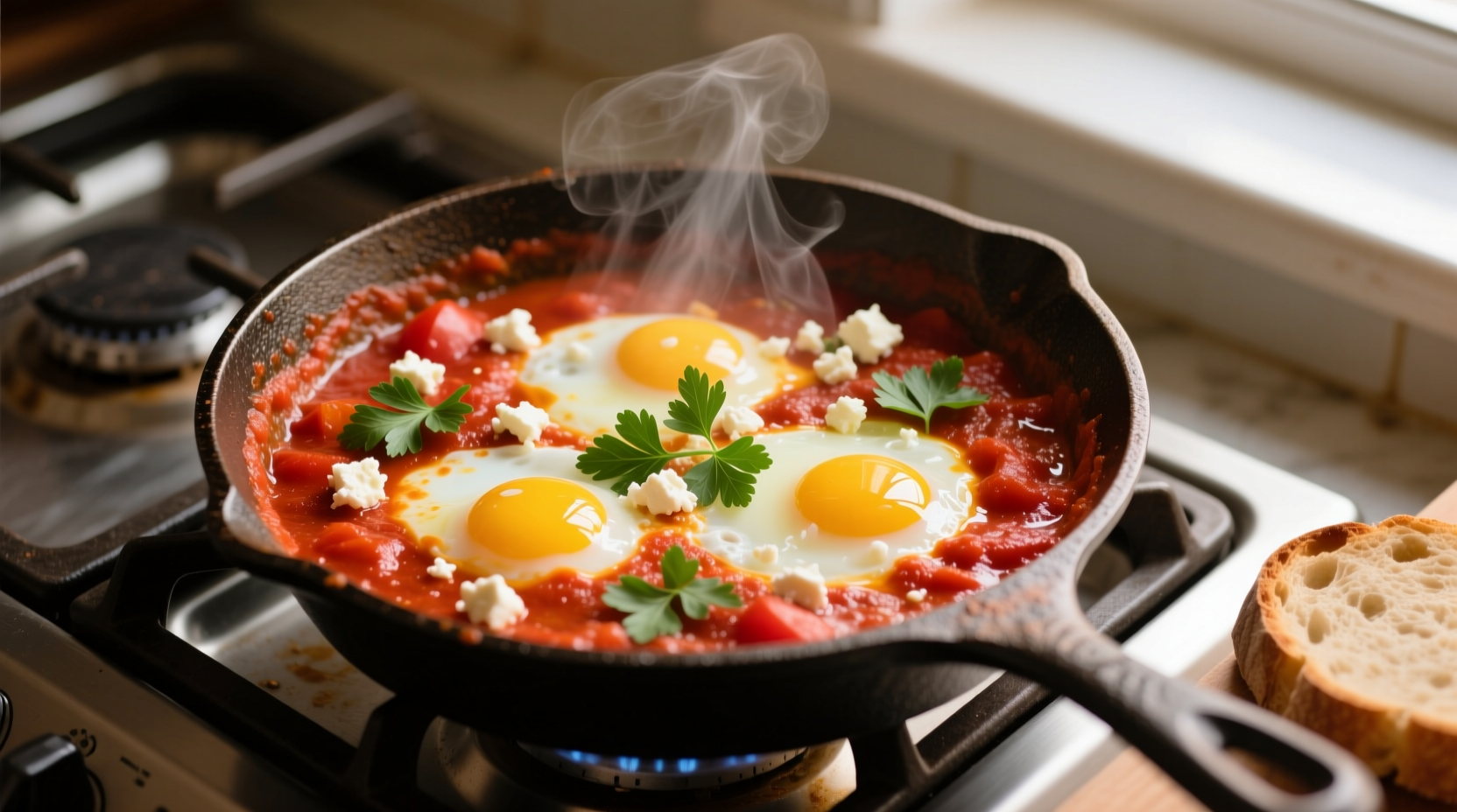Quick shakshuka-style egg dinner in cast iron skillet