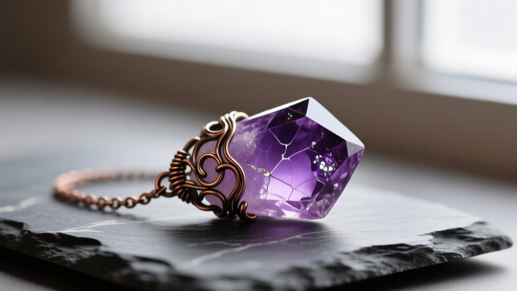 Macro shot of a raw amethyst quartz crystal pendant wrapped in oxidized copper wire, resting on a piece of dark slate stone.