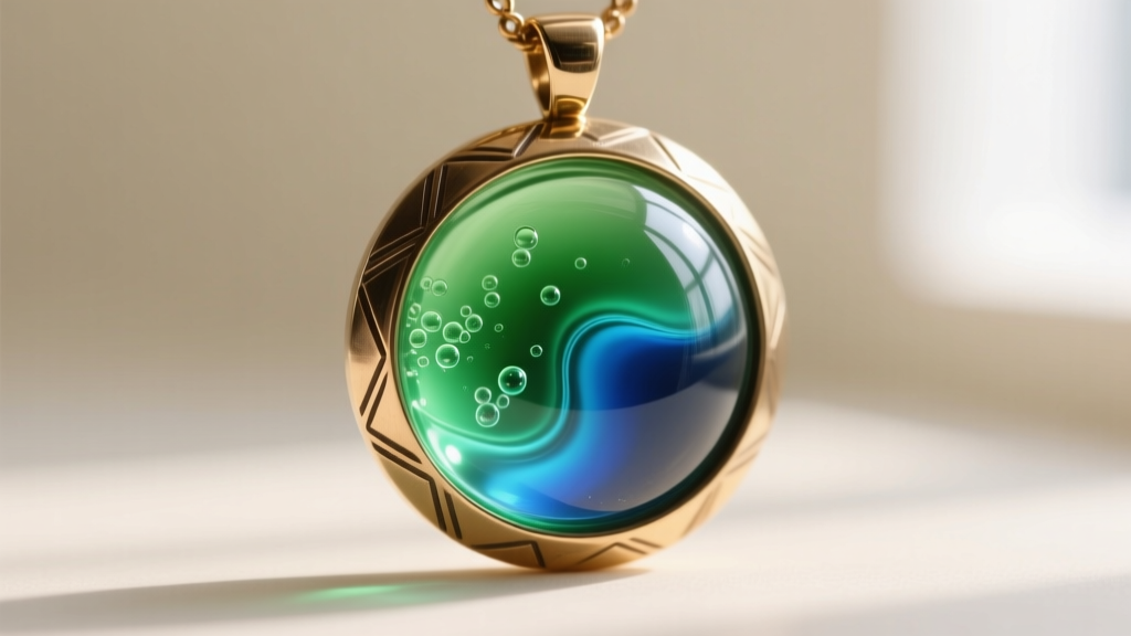 Macro photography of thermochromic leuco dye resin transitioning from emerald green to ocean blue inside a brass pendant bezel