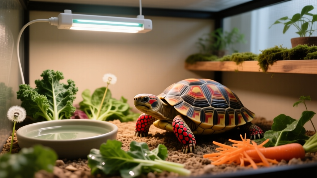 Well-set-up indoor red-footed tortoise habitat with UVB lamp, shallow water dish, and varied edible greens