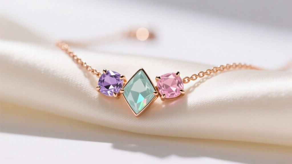 Close-up of a delicate 14k rose gold necklace featuring three bezel-set pastel birthstones resting on soft cream silk fabric.