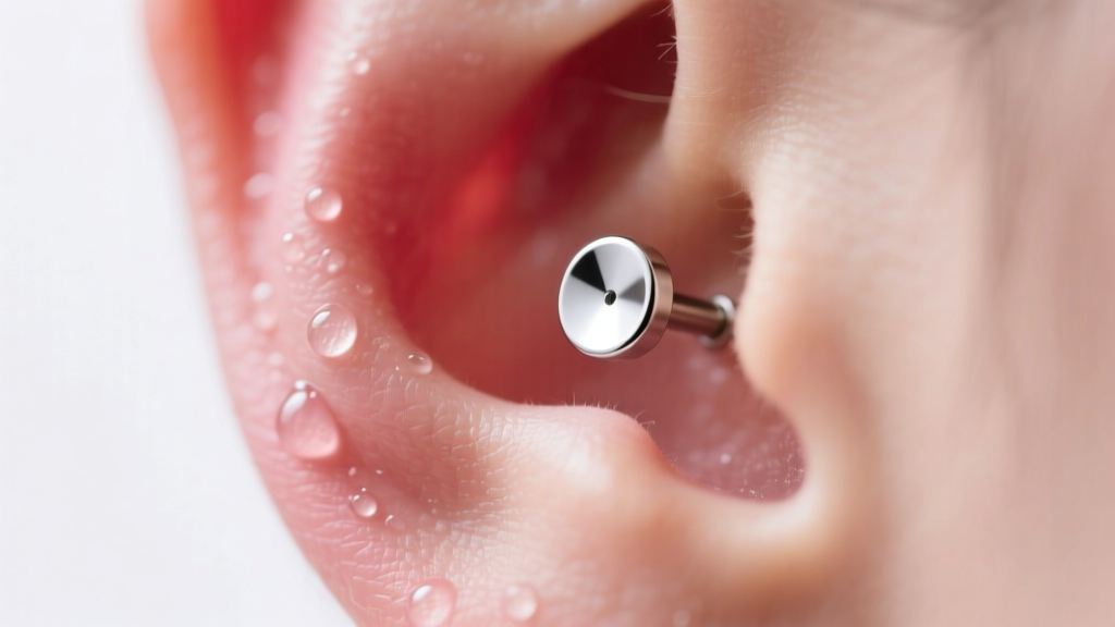 Close-up of a freshly pierced earlobe wearing an implant-grade titanium flat back stud, soft clinical lighting, clean background.
