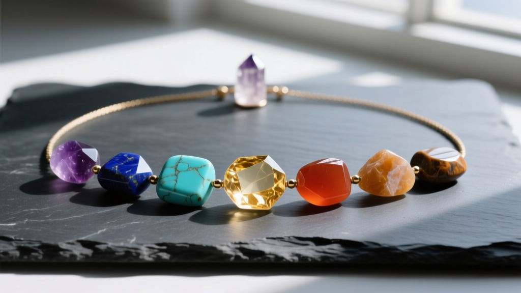 Flat lay of a seven-stone chakra necklace on dark slate, featuring amethyst, lapis, turquoise, citrine, carnelian, and jasper