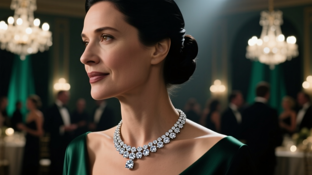 Elegant woman wearing a 15-carat diamond tennis necklace at a dimly lit gala, close-up on the collarbone, cinematic lighting.