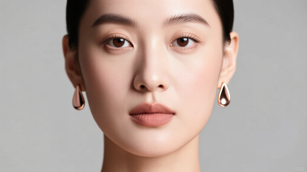 Portrait of a woman with a round face wearing narrow teardrop stud earrings in rose gold against a soft neutral grey backdrop.