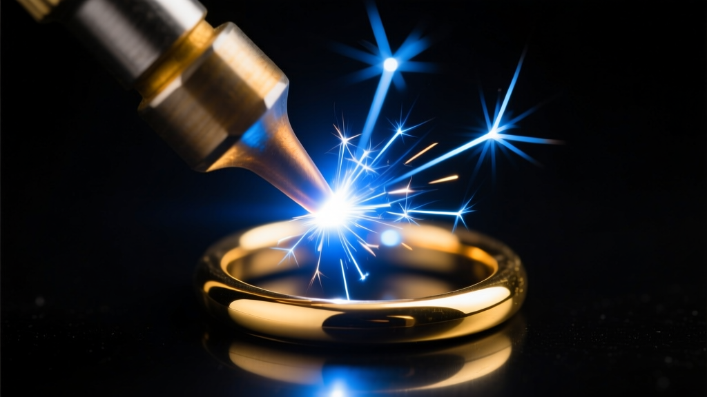 Macro shot of a bright pulse arc weld spark hitting a tiny gold jump ring, with argon gas nozzle visible, captured in a dark room.