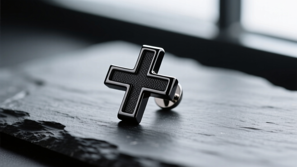 Macro shot of a matte black PVD titanium cross earring on dark slate, showing crisp edges and deep dark finish under soft lighting.