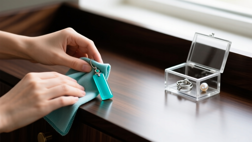 Hands wiping a turquoise bar pendant with a dry microfiber cloth on a dark wooden vanity next to a small glass jewelry box