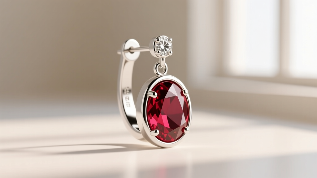 Side profile of 10k white gold ruby drop earrings with a bezel setting, showing the metal rim wrapping around the stone