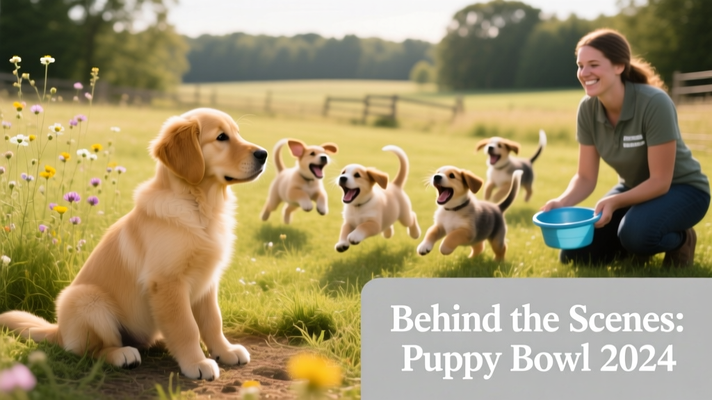 A calm puppy sitting peacefully at the edge of the field, watching other puppies play while volunteers smile nearby