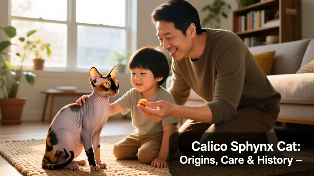 A joyful family interacting with a Calico Sphynx cat at home—child gently stroking its skin, parent offering a treat, cat looking alert and engaged