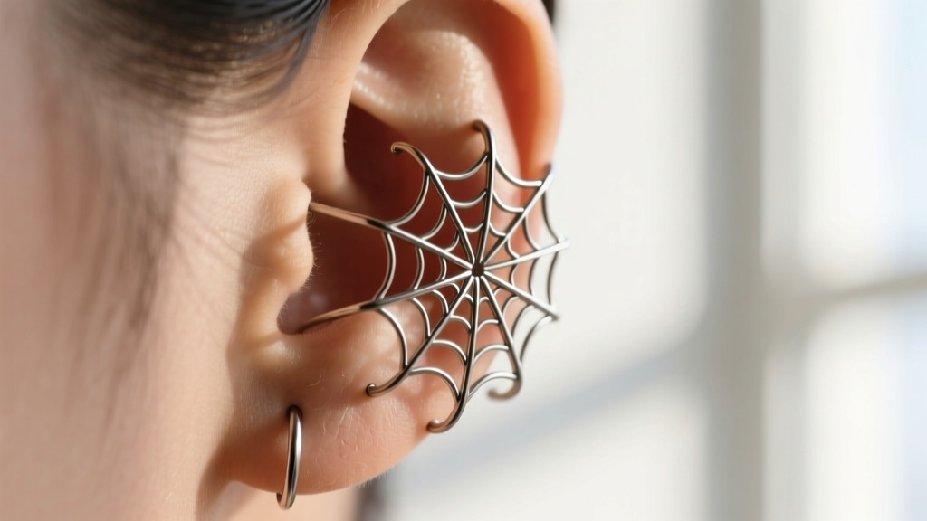 Macro shot of implant-grade titanium spider web ear cuff on a helix piercing, showing 20-gauge wire tension and matte finish.