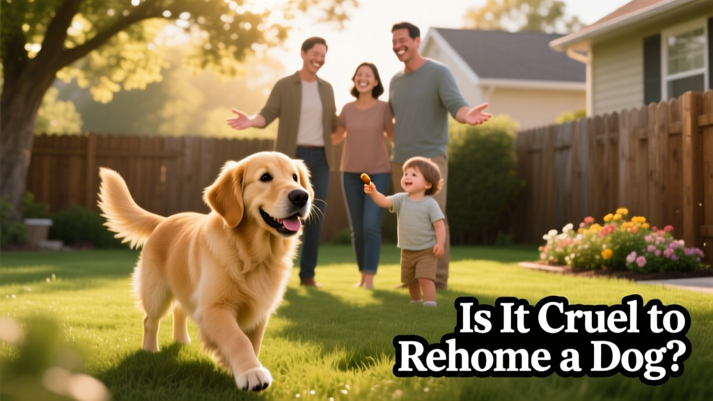 A happy, relaxed dog exploring a backyard with their new family—smiling adults and a child gently offering a treat